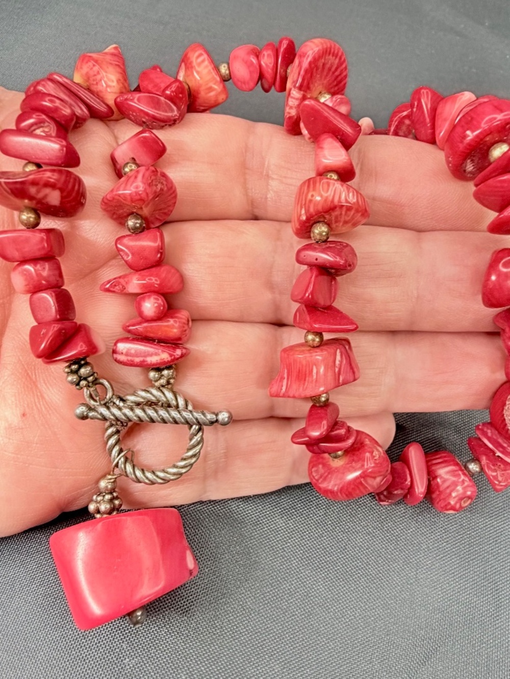 Vintage Southwestern Red Coral Necklace Artisan Beaded Silver-tone, 16" Long